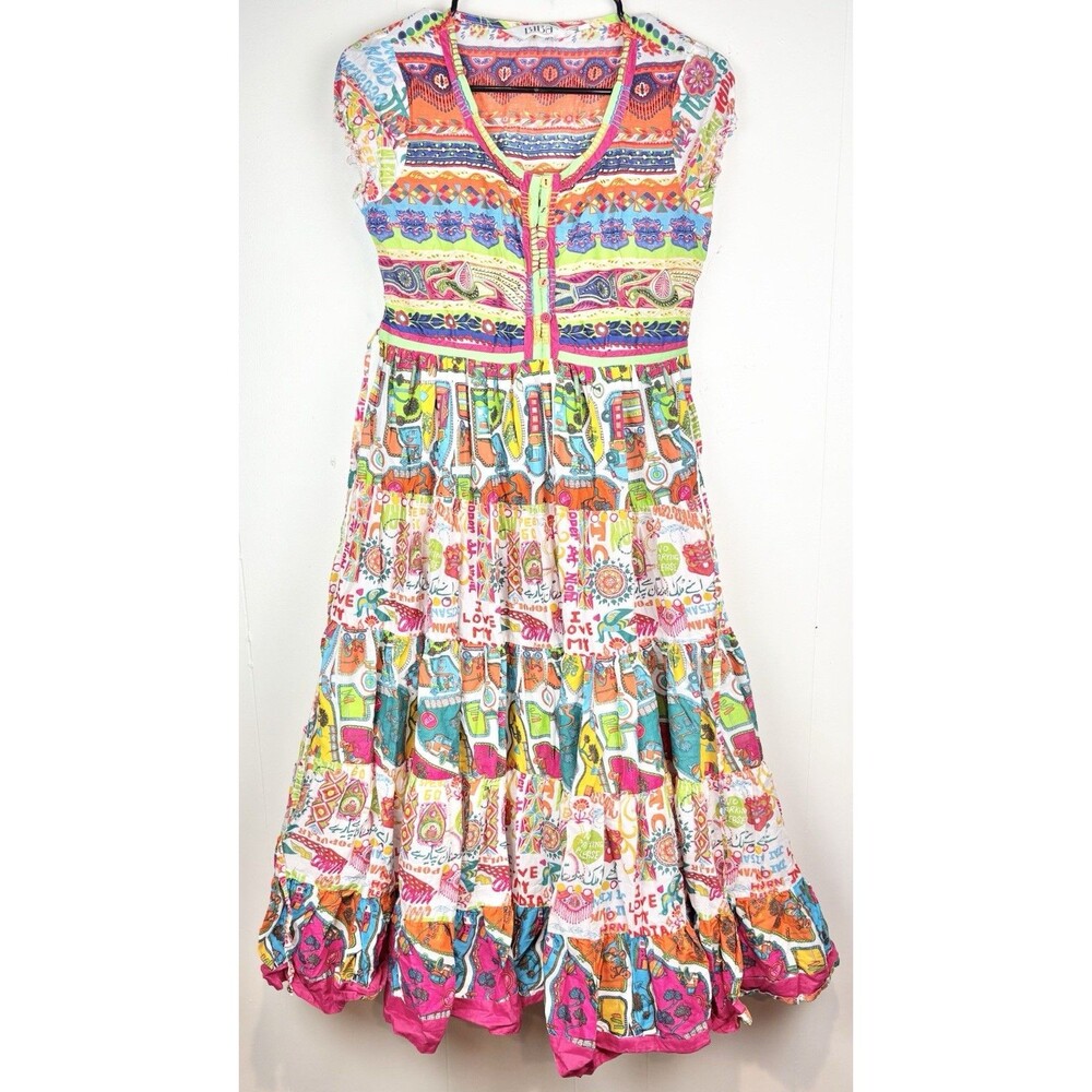Biba Dress Colorful Tiered Artsy Maxi Indie Indian India, Medium, 34
